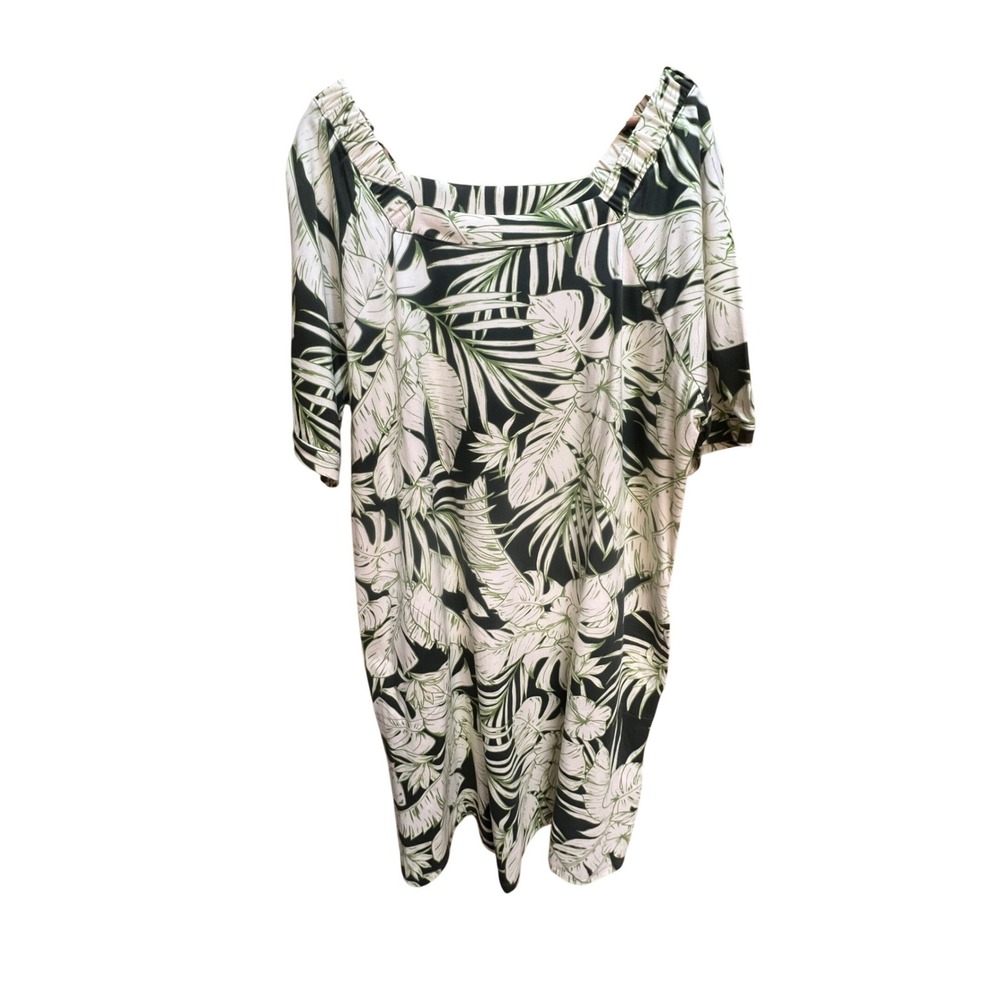 Denim & Co Tropical Palm Leaf Print‎ Square Neck Knit Dress Green Cream XL
